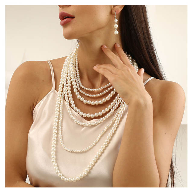 Concise easy match faux pearl layer long necklace