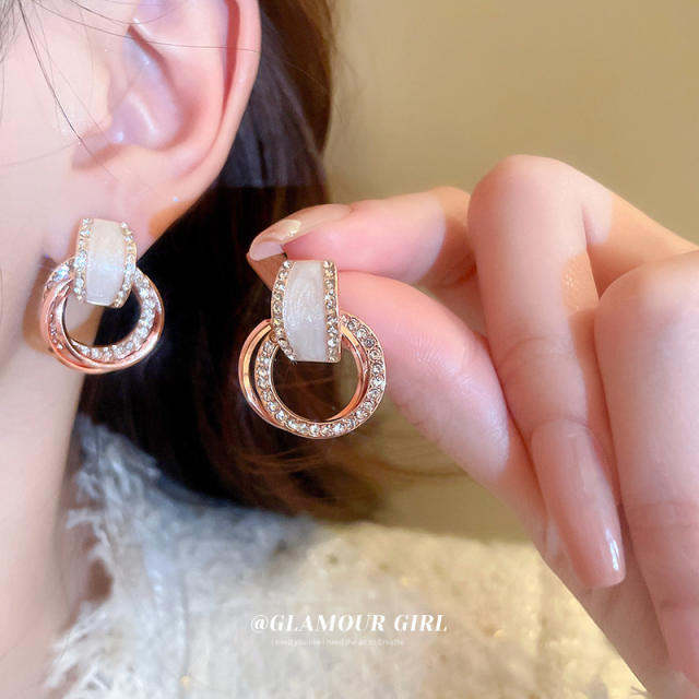 925 needle geometric diamond circle earrings