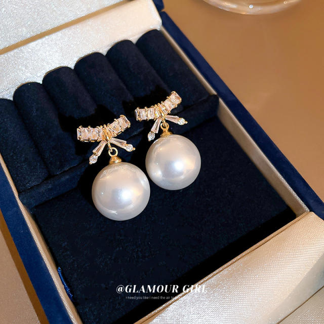 Real gold plated diamond bow pearl earrings