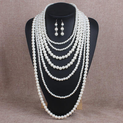 Concise easy match faux pearl layer long necklace