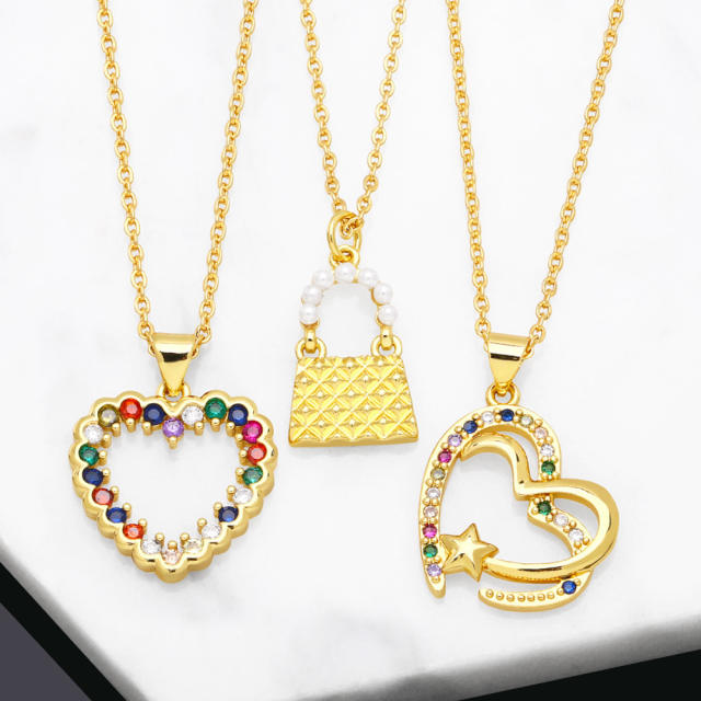 Hot sale rainbow cubic zircon heart pendant copper necklace