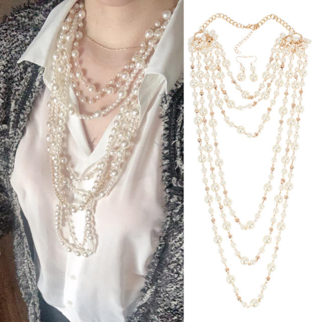 Elegant easy match faux pearl layer necklace long necklace