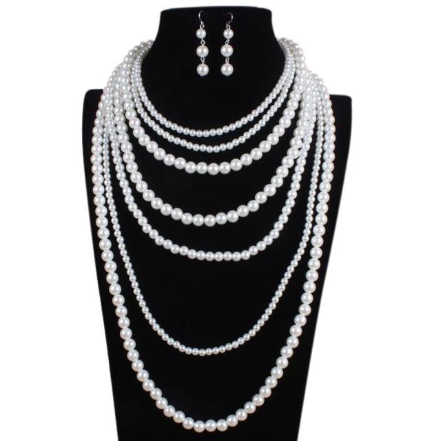 Concise easy match faux pearl layer long necklace