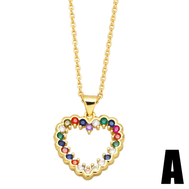 Hot sale rainbow cubic zircon heart pendant copper necklace