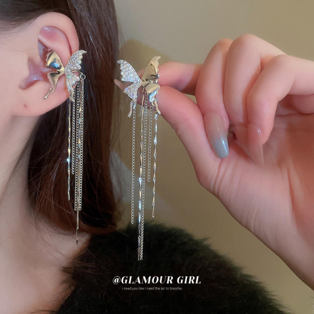 Korean fashion cubic zircon butterfly tassel ear cuff