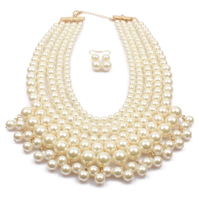 Elegant faux pearl bead layer necklace set