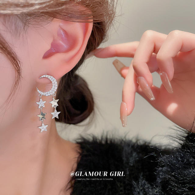925 needle diamond star moon earrings
