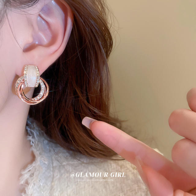 925 needle geometric diamond circle earrings