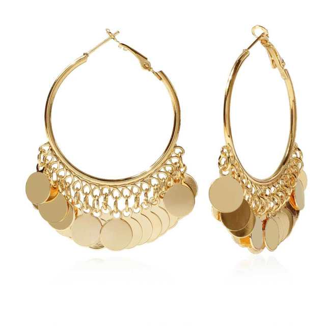 Geometric round piece tassel hoop earrings