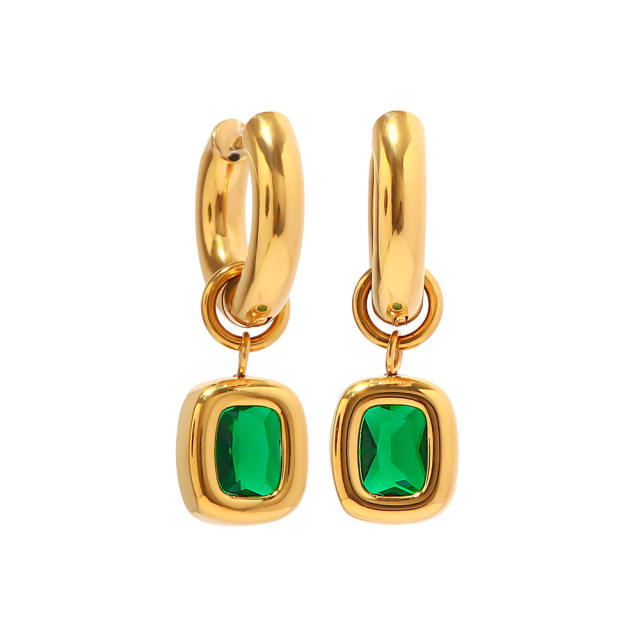 French trend elegant emerald statement stainless steel huggie earrings