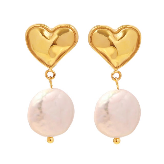 French trend stainless steel heart baroque pearl earrings