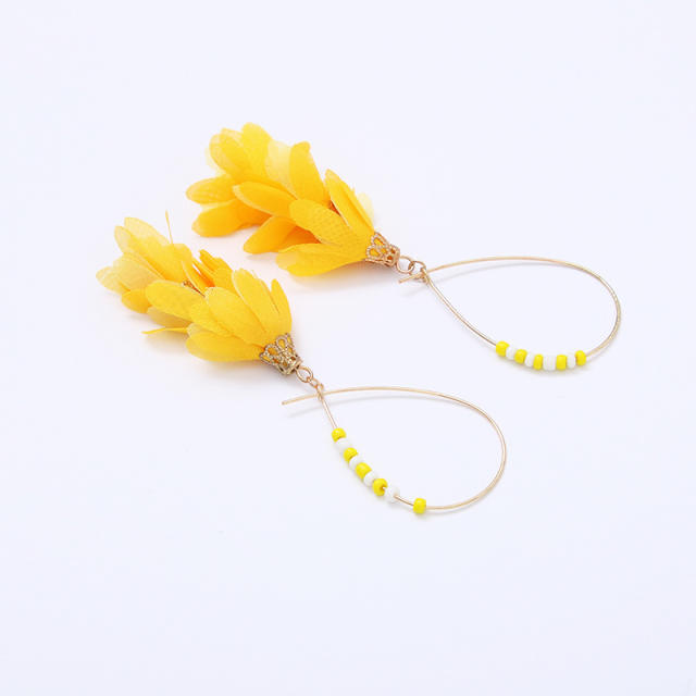 Boho fabric flower seed bead holiday earrings