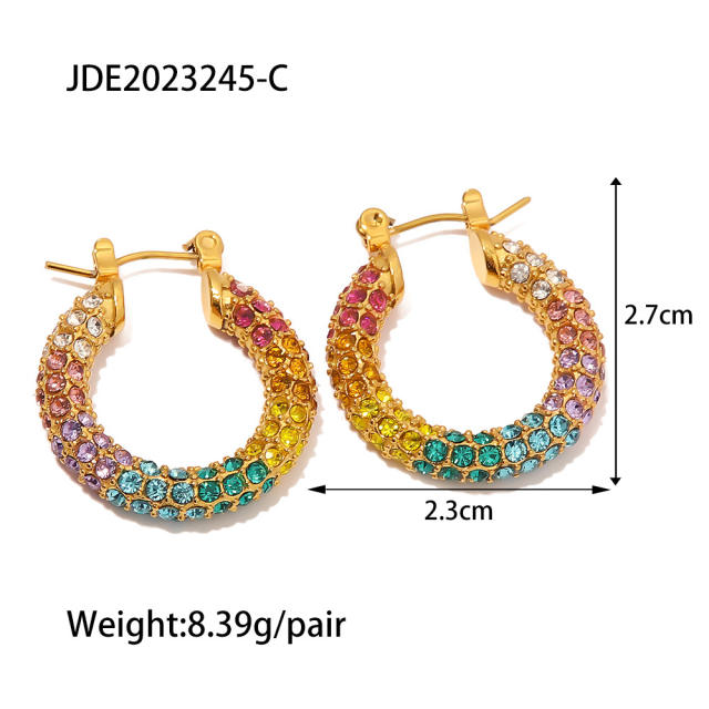 INS pave setting rainbow cubic zircon chunky stainless steel earrings