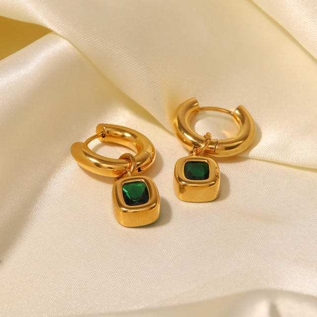 French trend elegant emerald statement stainless steel huggie earrings