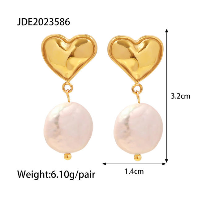 French trend stainless steel heart baroque pearl earrings