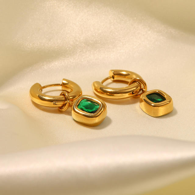 French trend elegant emerald statement stainless steel huggie earrings