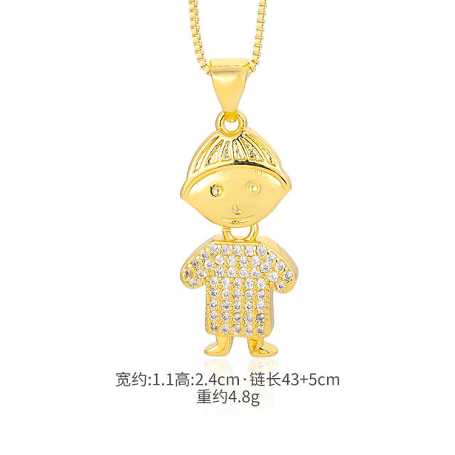 Cartoon cubic zircon boy and girl pendant real gold plated necklace