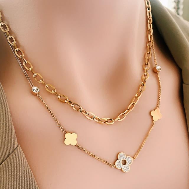 Occident fashion two layer clover stainless steel necklace