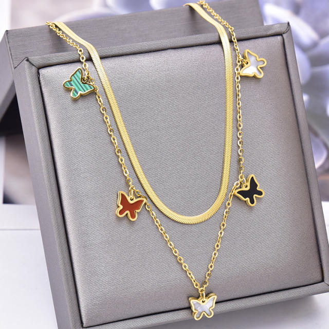 Korean fashion color butterfly fan charm two layer stainless steel necklace