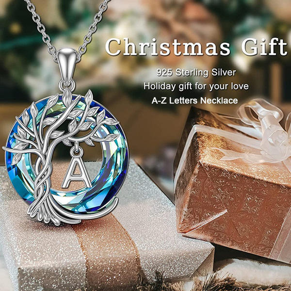 Delicate initial letter crystal circle life tree necklace