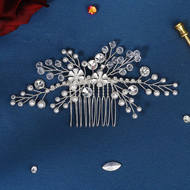 Concise handmade crystal pearl beads hair combs