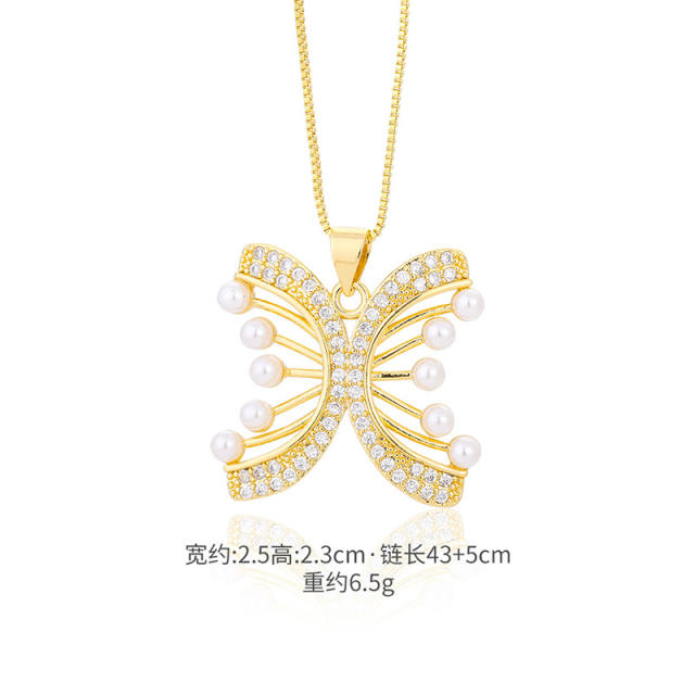 Occident fashion pearl bead setting life tree butterfly pendant necklace