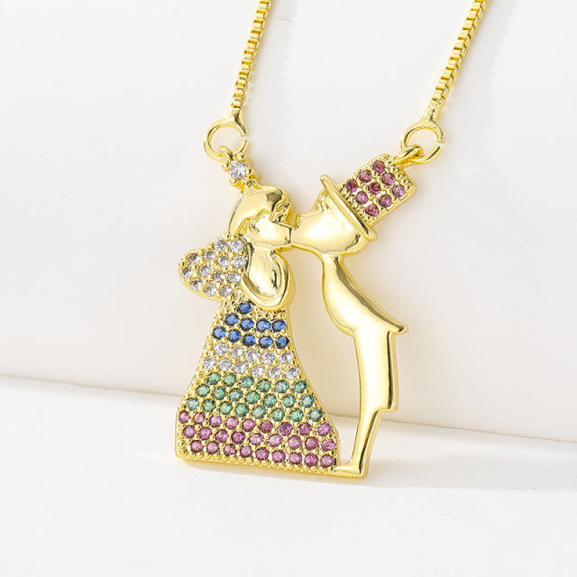 Boho cute kiss princess prince real gold plated necklace