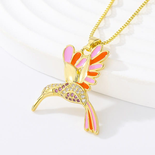 Boho color enamel hummingbird pendant necklace