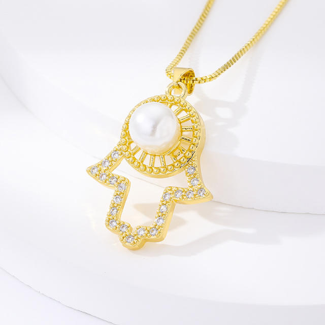 Hot sale pearl beads hollow hasma pendant necklace