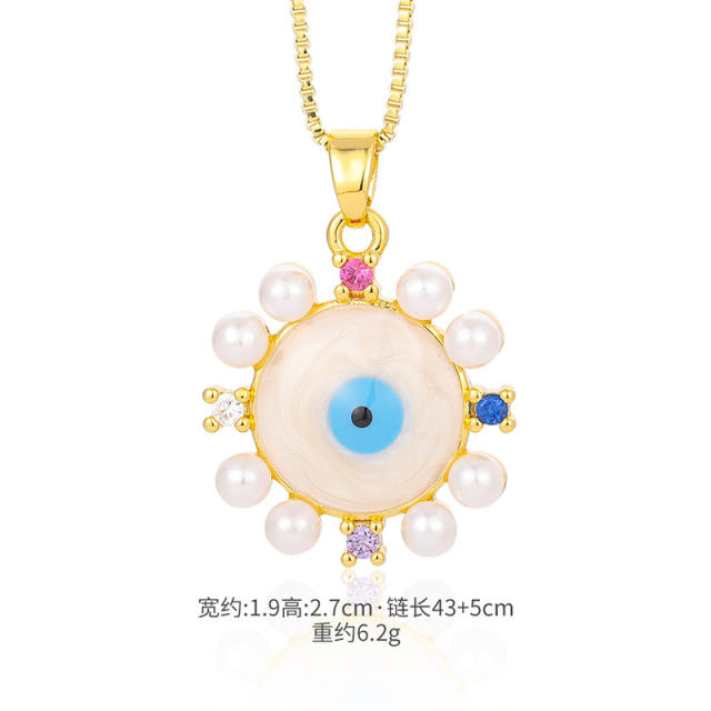 White pearl bead pendant evil eye necklace