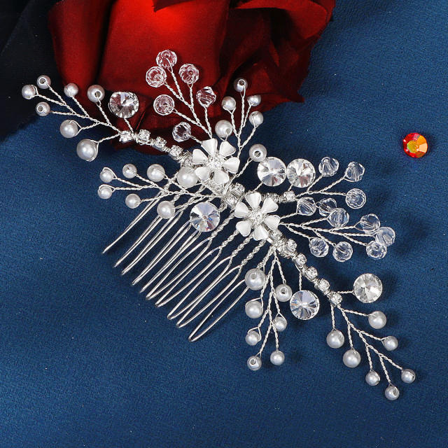 Concise handmade crystal pearl beads hair combs