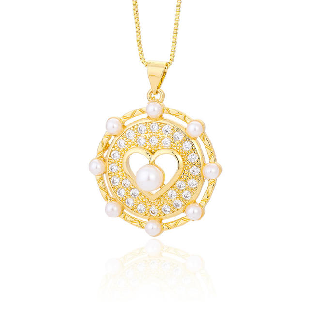 Elegant pearl beads cubic zircon setting round pendant necklace