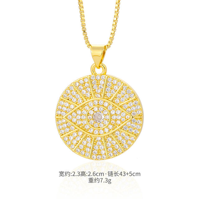 Elegant pave setting cubic zircon evil eye round pendant necklace