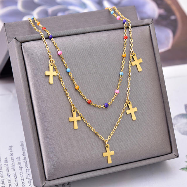 Colorful beads tiny cross two layer stainless steel necklace