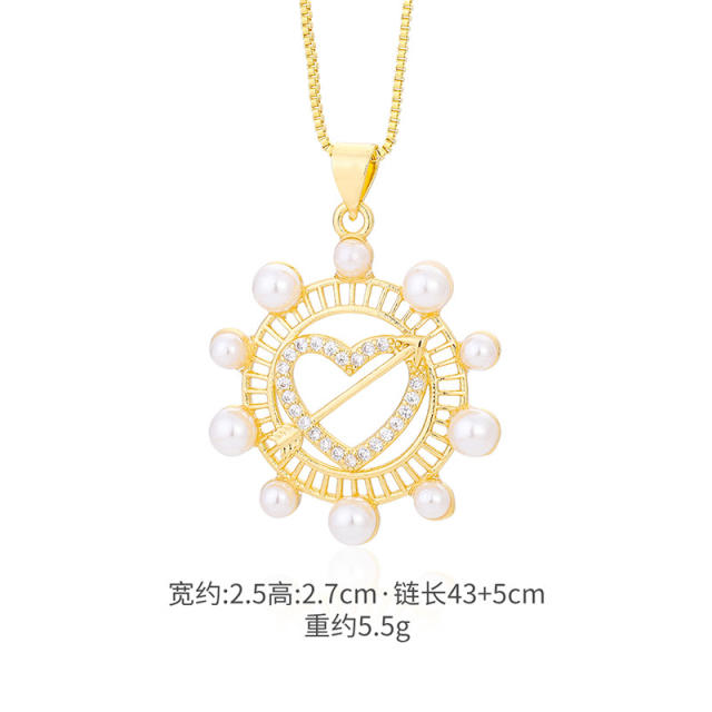 Elegant pearl beads cubic zircon setting round pendant necklace