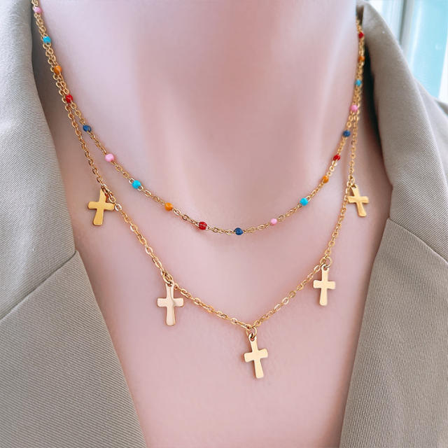 Colorful beads tiny cross two layer stainless steel necklace