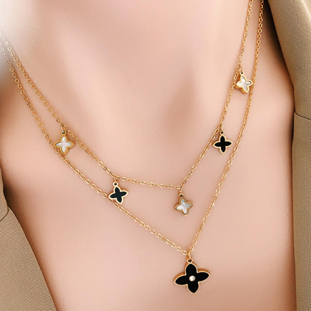 Occident fashion white black clover two layer stainless steel necklace