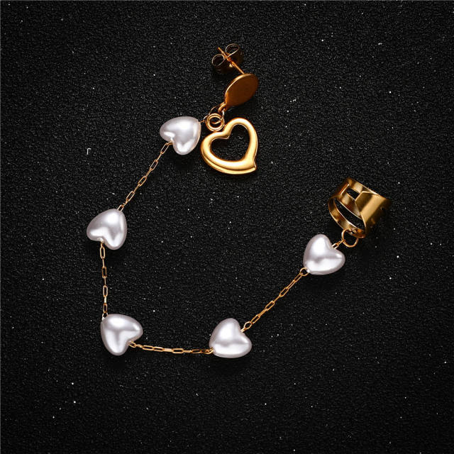 Personality hollow heart pearl bead stainless steel ear cuff