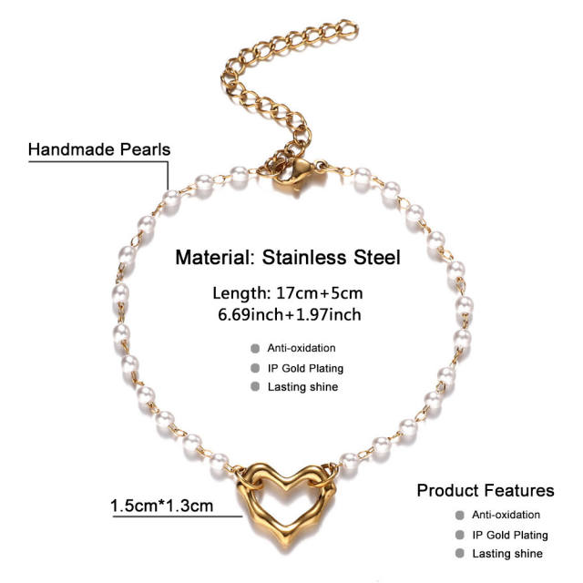 Delicate pearl beads hollow heart stainless steel bracelet