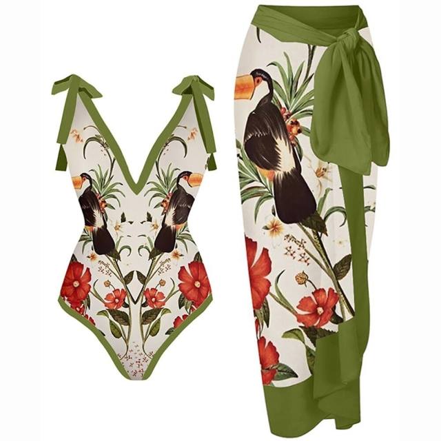 2023 popular colorful printing one piece swimsuit dress set