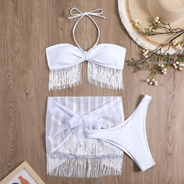 3pcs sexy mesh tassel bikini swimsuit set