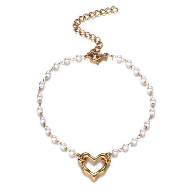 Delicate pearl beads hollow heart stainless steel bracelet