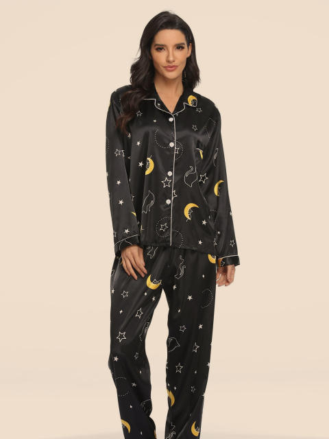 Occident fahsion color printing satin long sleeve pajamas