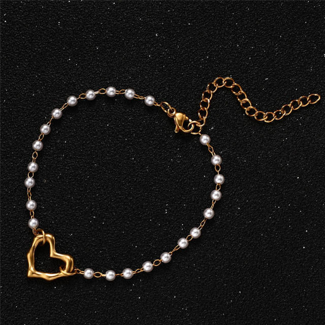 Delicate pearl beads hollow heart stainless steel bracelet