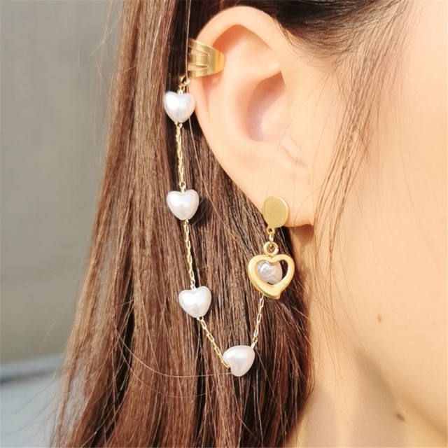 Personality hollow heart pearl bead stainless steel ear cuff