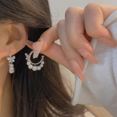 Easy match diamond butterfly pearl beads hoop earrings