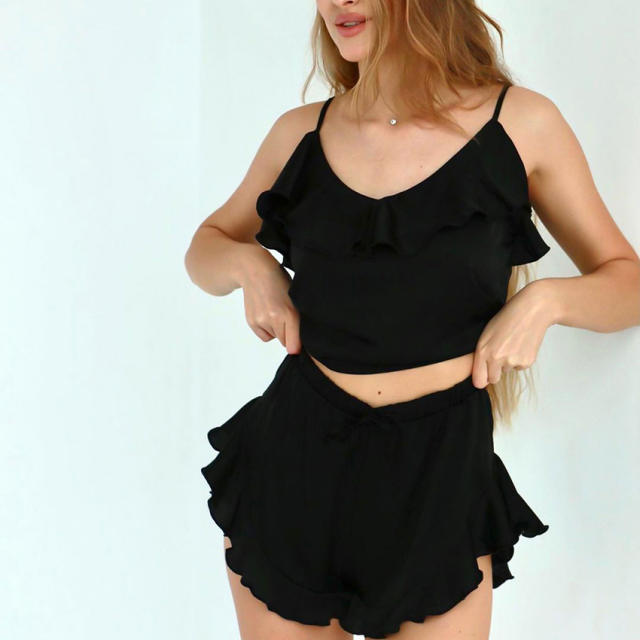 Summer design sweet ruffle satin short pajamas