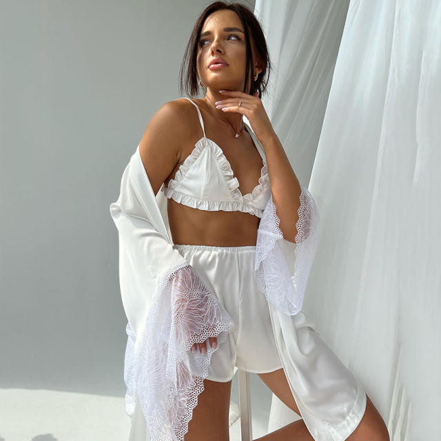 Occident fashion satin sexy three piece short pajamas set