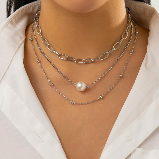 Hiphop three layer single pearl choker necklace