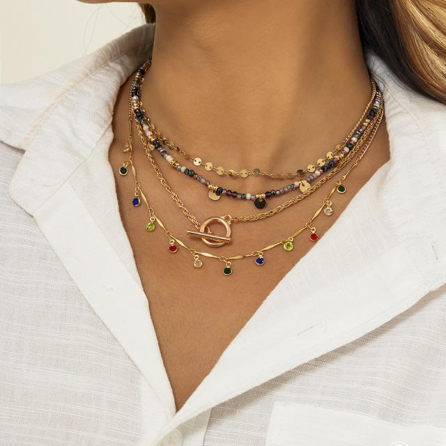 Vintage color rhinestone layer necklace